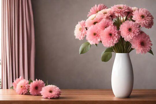 A photorealistic 3D rendering of a white vase filled with pink flowers on top of a wooden table.