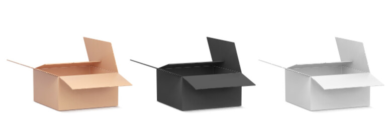 Open cardboard boxes for delivering parcels by mail. Realistic vector illustration set of carton empty brown, black and gray packages. Cargo and shipping packs mockup for send post or moving service.
