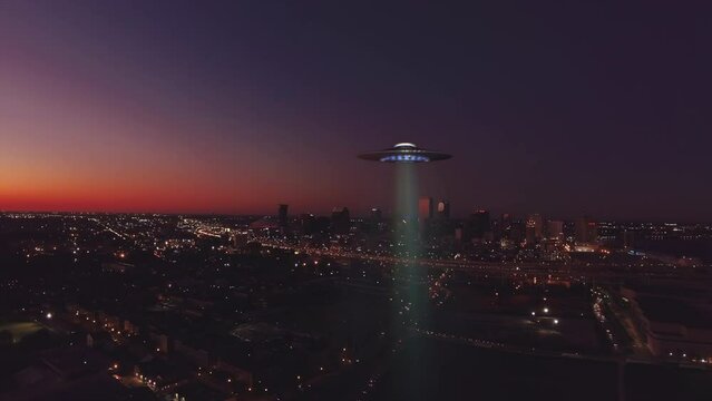 UFO UAP Searching Over City With Searchlight