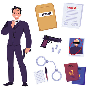 Set isolated cartoon vector of secret agent confidential documents, passports, handcuff, cartridge and elegant man in suit with gun