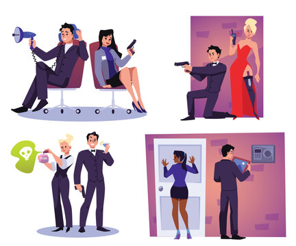 Secret agent mission scenes collection, flat vector illustration isolated.