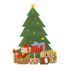 A mountain of gift boxes under the Christmas tree. Different colors of wrapping paper and gift designs. Christmas and New Year's decor. Vector illustration isolated on white background.