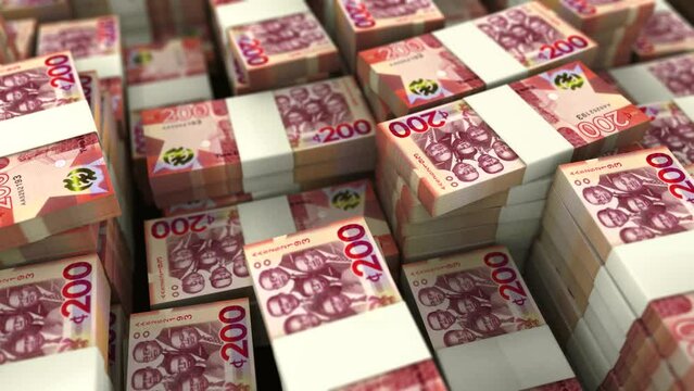 3d Animation of Many stacks of Ghanaian cedi notes. Camera rotating over bundles of cash