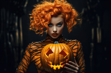 Halloween woman holding a carved pumpkin in a spooky halloween outfit