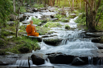 Buddha monk practice meditation at  waterfall in rainforest