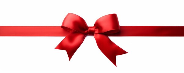 A large red ribbon bow on the left of a long straight piece of ribbon to be used as a birthday or Christmas banner, border isolated against a white background, Generative AI