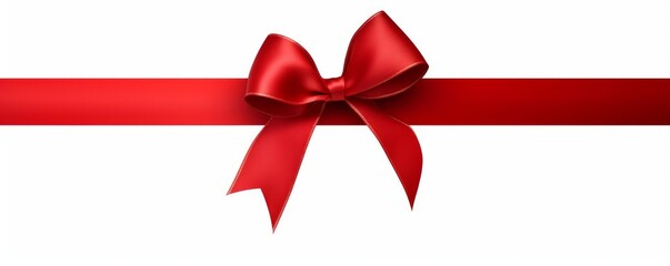 A large red ribbon bow on the left of a long straight piece of ribbon to be used as a birthday or Christmas banner, border isolated against a white background, Generative AI