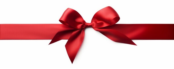 A large red ribbon bow on the left of a long straight piece of ribbon to be used as a birthday or Christmas banner, border isolated against a white background, Generative AI