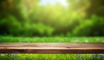 A wooden table product display with lush green garden background of grass and blurred foliage, Generative AI