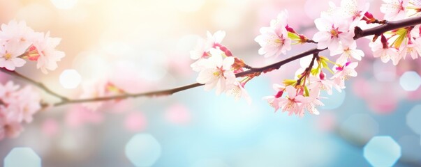 Pink cherry tree blossom flowers blooming in spring, easter time against a natural sunny blurred garden banner background of blue, yellow and white, Generative AI