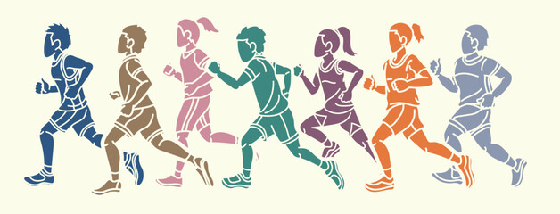 Children Running Together Boy and Girl Cartoon Sport Graphic Vector