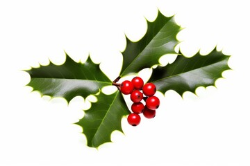 A sprig, three leaves, of green holly and red berries for Christmas decoration isolated against a white background, Generative AI