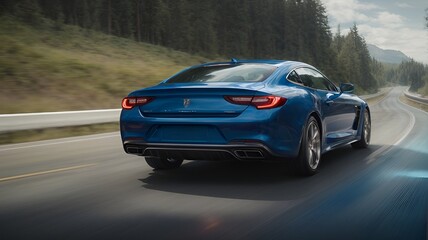 Rear view of blue Business car at high speed in turn. Blue car rushing along a high-speed highway....