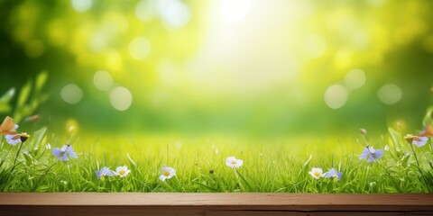 A wooden table product display with warm spring garden background of green grass and blurred foliage with strong sunlight, Generative AI - obrazy, fototapety, plakaty