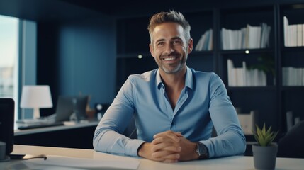 Confident professional man at office desk, smiling into the camera, bathed in daylight
