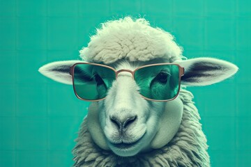 close up a sheep wearing blue sunglasses on green background - Powered by Adobe