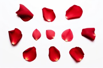 Red rose flower petal collection isolated on a flat background, Generative AI