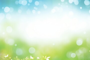 Obraz premium A spring background of blue and green, blurred foilage and sky with bright bokeh, Generative AI