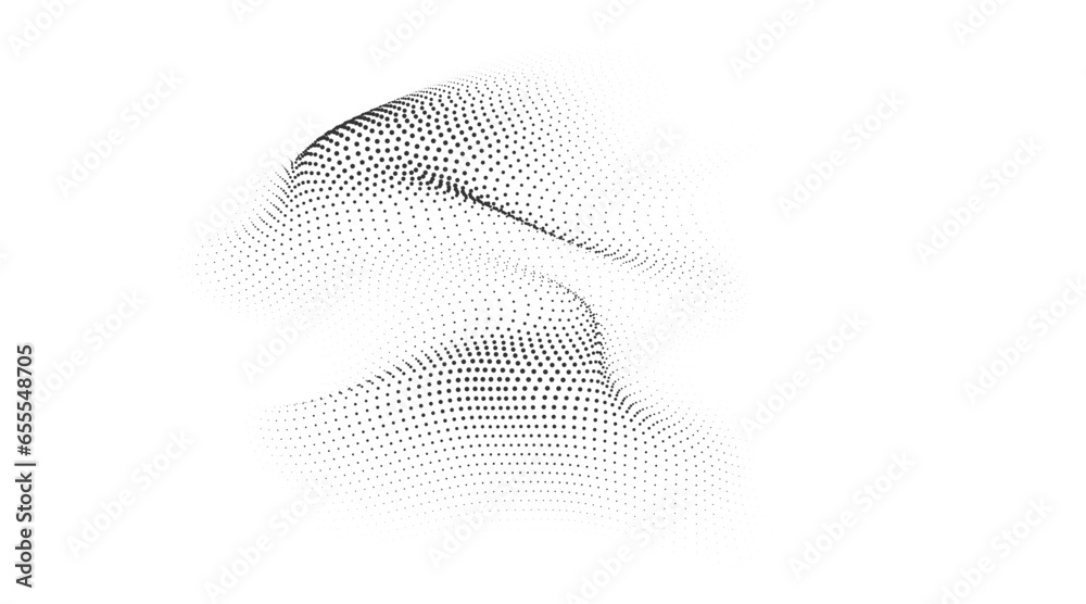Fototapete Flowing dots particles wave pattern 3D curve halftone black gradient curve shape isolated on white background. Vector in concept of technology, science, music, modern.