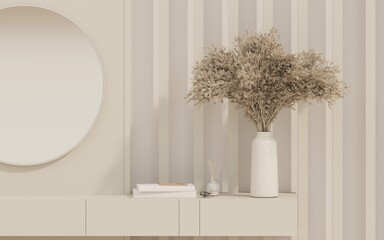 Realistic 3D render blank empty space on a stylish modern dressing table for cosmetic skincare products display with round mirror, decor dried pampas grass, aroma fragrance sticks in luxury container.