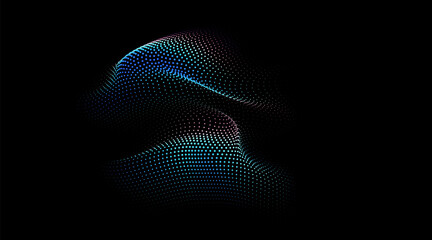 Fototapeta na wymiar Flowing dot particles wave curve pattern blue and green gradient light isolated on black background. Vector in concept of AI technology, science, music.