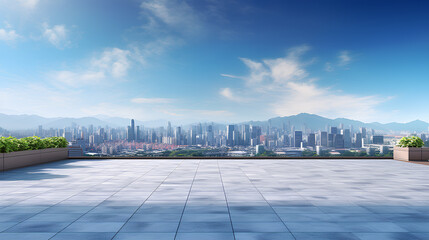 Cityscape and skyline of downtown in sunny day on view from empty the rooftop.
