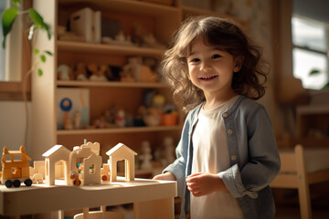 Joyful Playtime at Home Little Girl Radiates Happiness in Her Playful Room. created with Generative AI