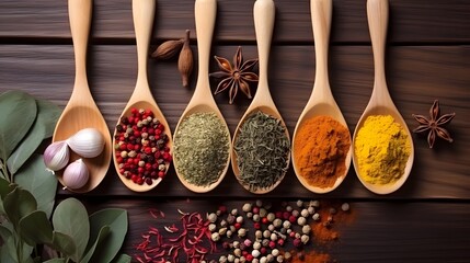 Top view on mixed dry colorful spices in wooden spoons on rustic table. Food and cooking ingredients concept. pepper, chili, curry, saffron and garlic on wooden background.