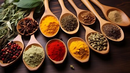 Top view on mixed dry colorful spices in wooden spoons on rustic table. Food and cooking ingredients concept. pepper, chili, curry, saffron and garlic on wooden background. - obrazy, fototapety, plakaty