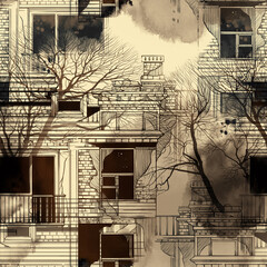 Urban tales: sketch of houses and trees endless motif. Digital art and watercolour, ink texture. Seamless vintage pattern for packaging, scrapbooking, textile.  - 655549927
