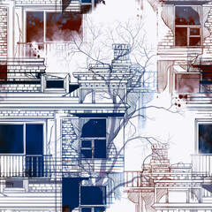 Urban tales: sketch of houses and trees endless motif. Digital art and watercolour, ink texture. Seamless vintage pattern for packaging, scrapbooking, textile.  - 655550128