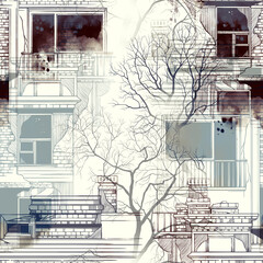Urban tales: sketch of houses and trees endless motif. Digital art and watercolour, ink texture. Seamless vintage pattern for packaging, scrapbooking, textile.  - 655550302