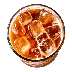 Closeup top view a glass of tasty cold ice coffee, tea, beverage on isolated background.
