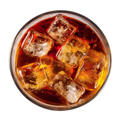 Refreshing cola with ice cubes in a glass, top view, beverage, on isolated background. - obrazy, fototapety, plakaty