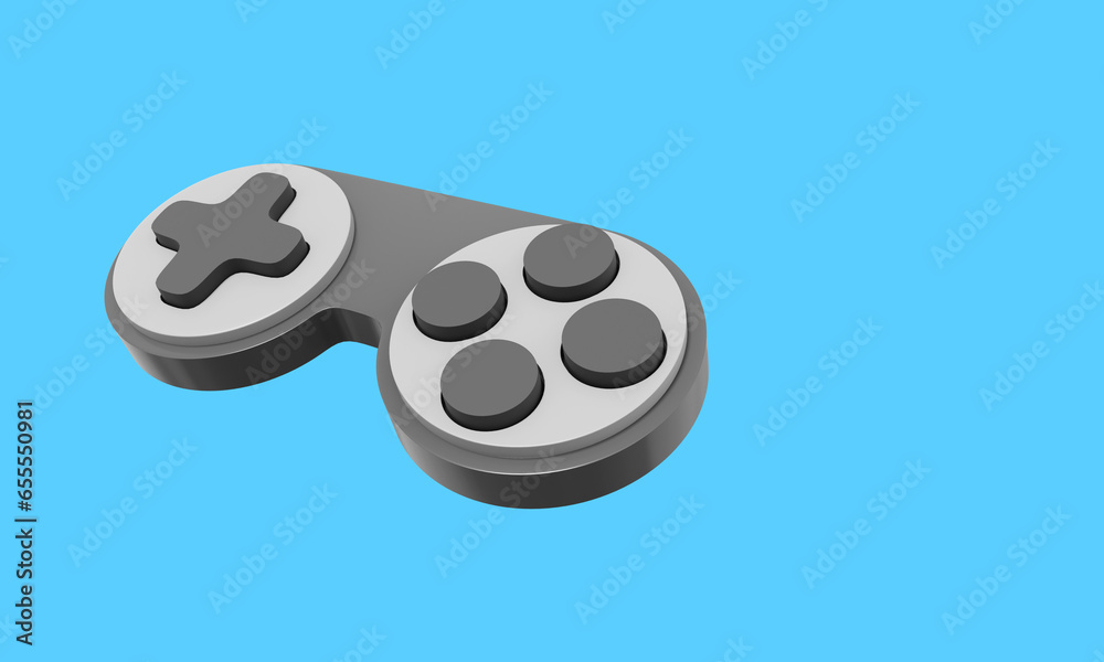 Poster minimalistic console game controller. gray icon on blue background with space for text. 3d rendering