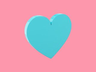 Flat heart. Blue mono color. Symbol of love. On a solid pink background. View left side. 3d rendering.