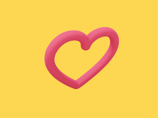 Toy heart. Red mono color. Symbol of love. On a solid yellow background. Top view. 3d rendering.