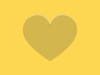 Flat metal heart. Symbol of love. Golden mono color. On a solid yellow background. Front view. 3d rendering.