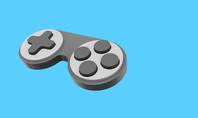 Minimalistic console game controller. Gray icon on blue background with space for text. 3D rendering.