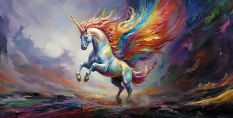 a winged unicorn running in a rainbow oil painting. Generative Ai content