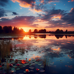 sunset over the river sunset, lake, water, sky, landscape, nature, sunrise, reflection, sun, clouds, river, blue, red, 