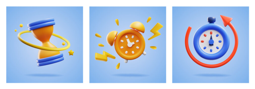 Hourglass, alarm clock and stopwatch in cute 3d style, vector illustrations set.