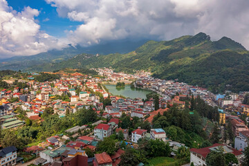 Fototapeta na wymiar Aerial view of Sapa town center, Lao Cai , Vietnam