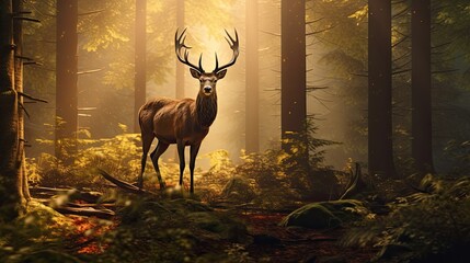 Deer in the forest at sunrise. Wildlife animal landscape background