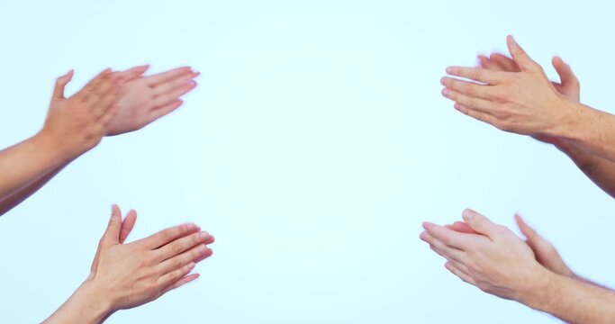 Applause, celebration and group of hands in studio for motivation, win and success. Praise, cheers and people clapping in support, congratulations and surprise winner announcement on blue background