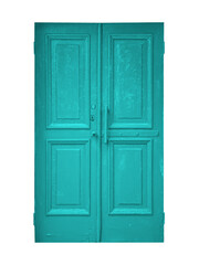 Old shabby cyan textured wooden doors is isolated on transparent background.