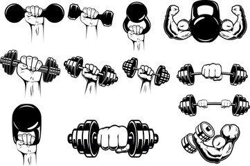 Set of illustrations of athlete hand with dumbell, barbell. Design element for poster, emblem, sign, label. - 655554347