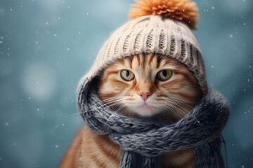 cat wearing winter scarf and wool hat