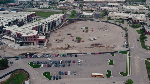 overview aerial of construction equipment on a huge parking lot in Vernon Hills Illinois.