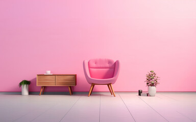 Chair against pink wall and potted plant, minimalism and monochromatic in modern design, zen minimalism, zen inspiration. Pink colors in interior design bg with copypaste and space for text